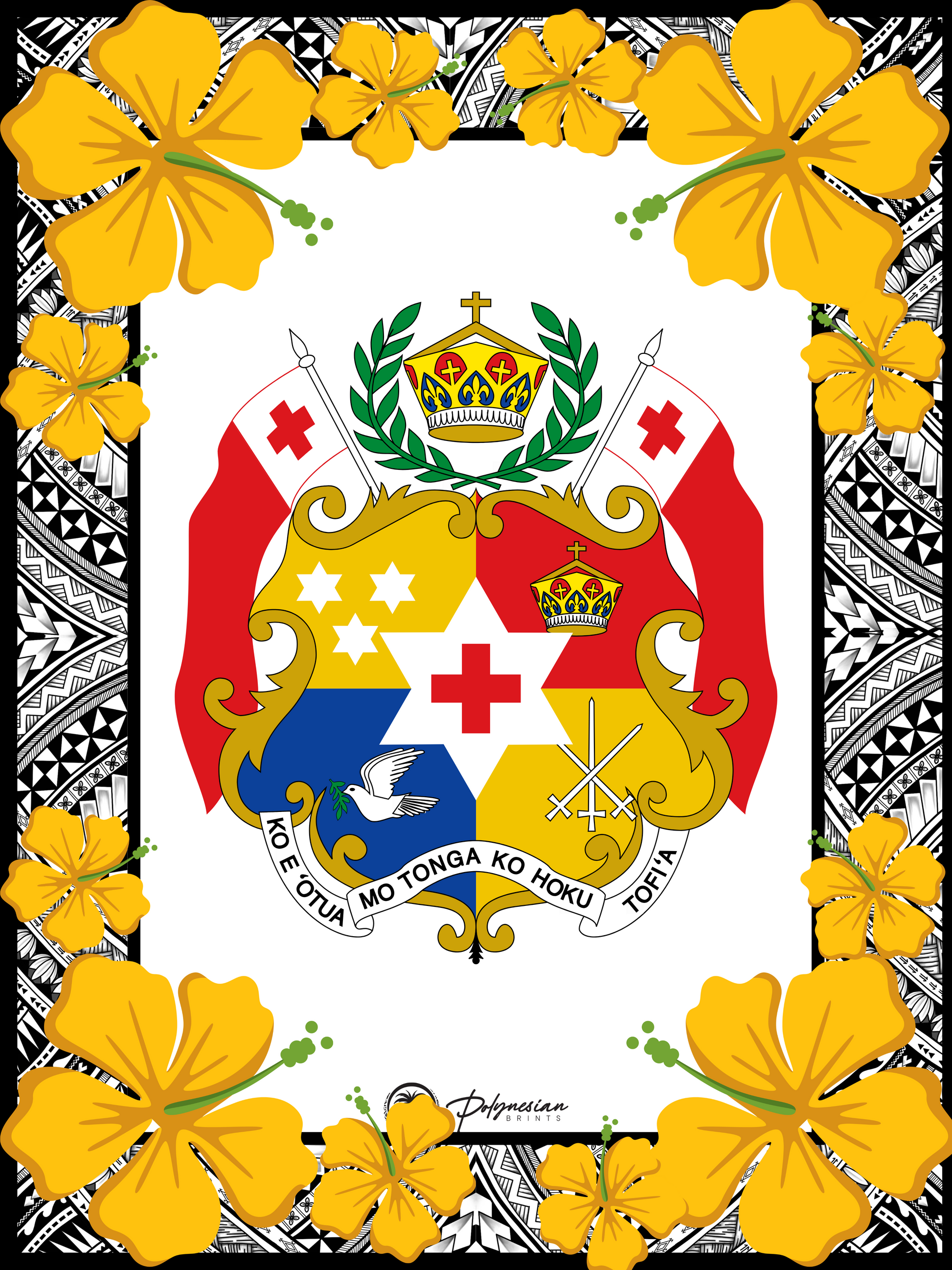 🌺 Tonga Sila Monomono – Black & White Border with Yellow Hibiscus