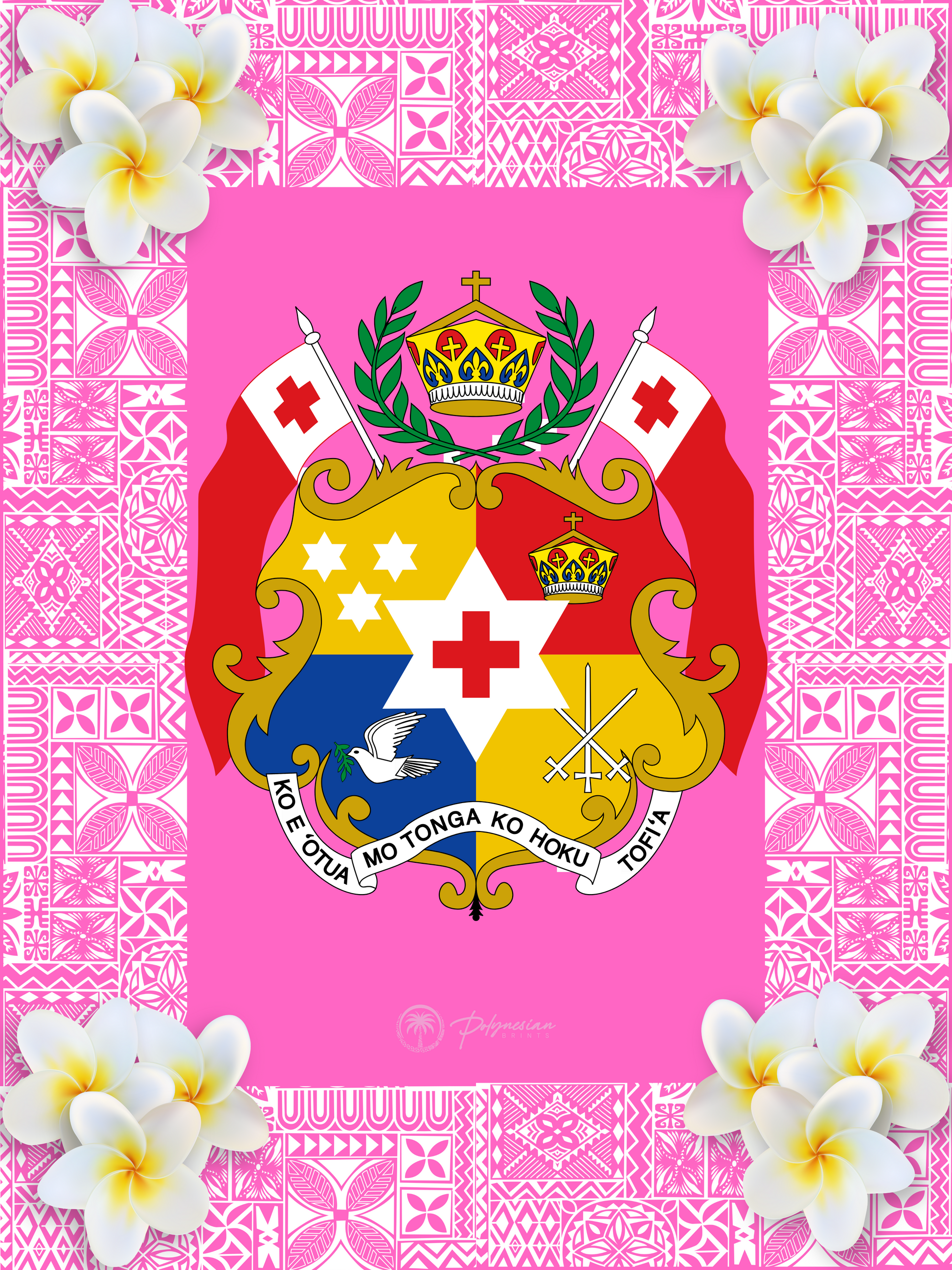 Hot Pink Sila Tonga with Plumeria & Polynesian Tribal Border