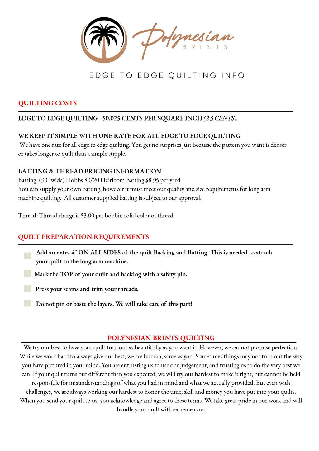 Now Offering Edge-to-Edge Quilting Services! (Price $0.025 per square inch)