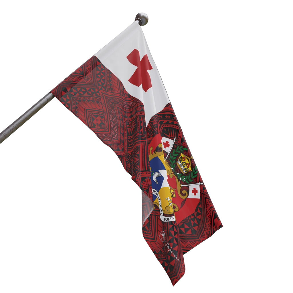Red Flag of Tonga with Black Polynesian Tribal Design (60x36)