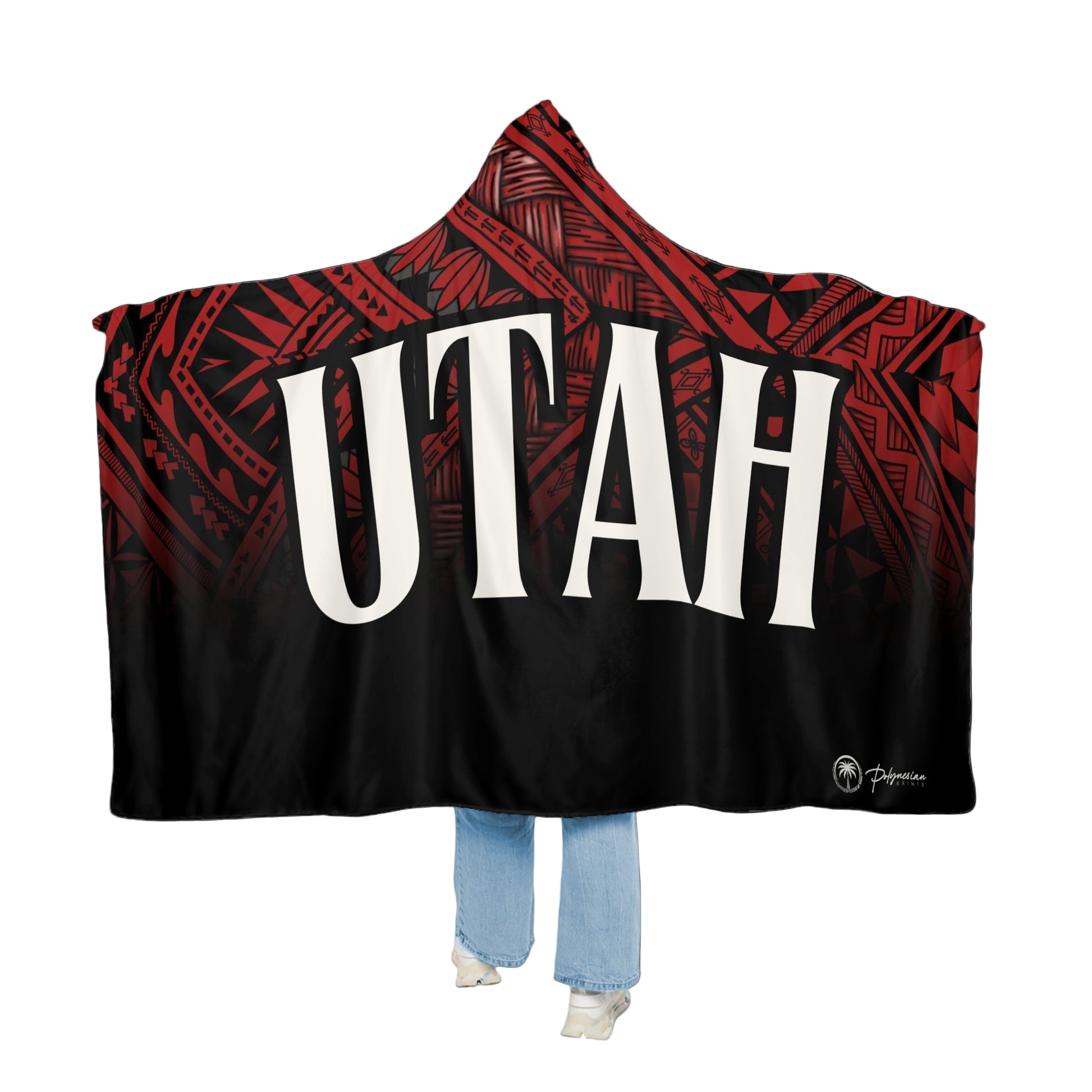 Premium Sherpa Hooded Blanket – Red & Black Utah Polynesian Edition